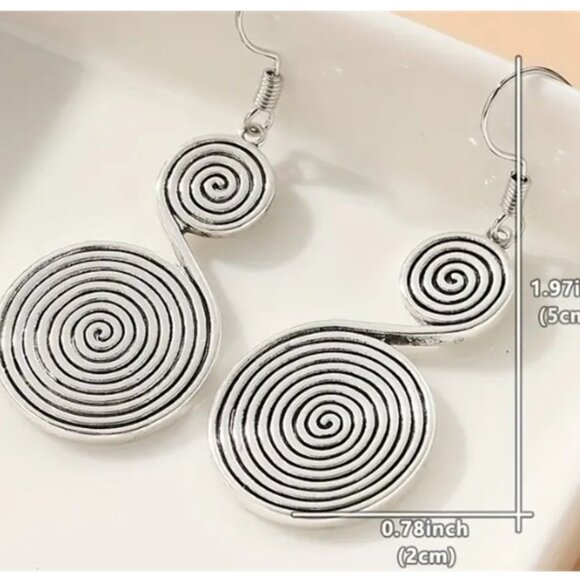Large Silver-Tone Boho Spiral Tribal Hippie Statement Dangle Earrings - Picture 2 of 3